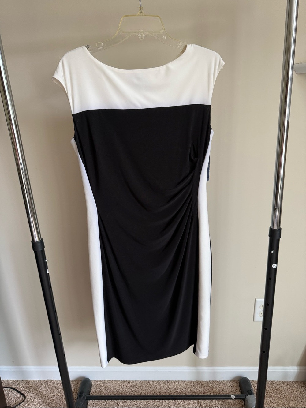 Chaps Black and White Cap-Sleeve Sheath Midi Dress
